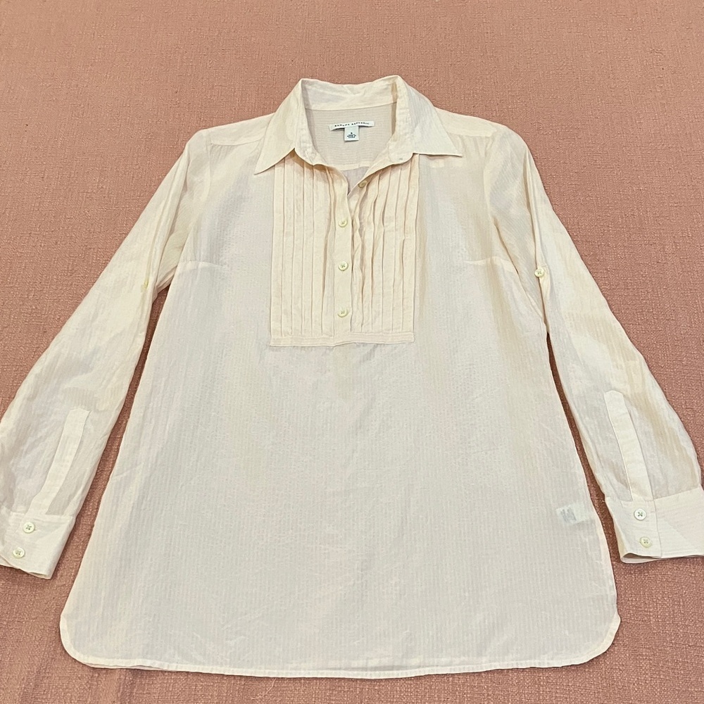 Silk / cotton wm’s small tuxedo long tunic blouse striped light pink and white